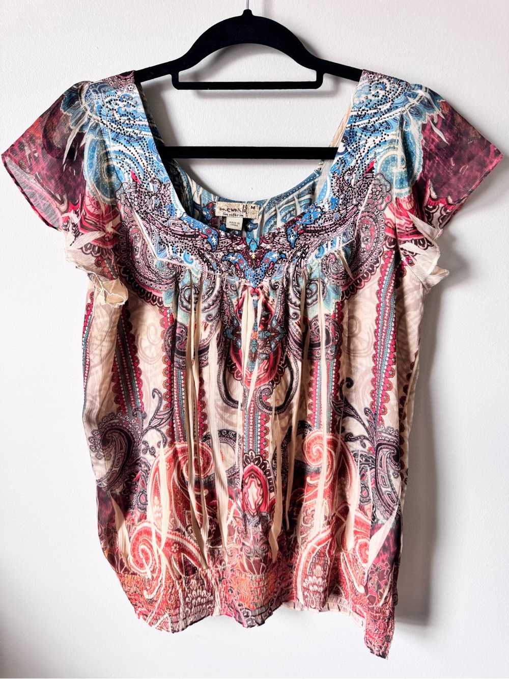 Y2k ONE WORLD Multicolor Paisley Short-Sleeve Blouse